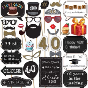 40th Birthday Photo Booth Props with Strike a Pose Sign - 31 Printed Pieces with Wooden Sticks