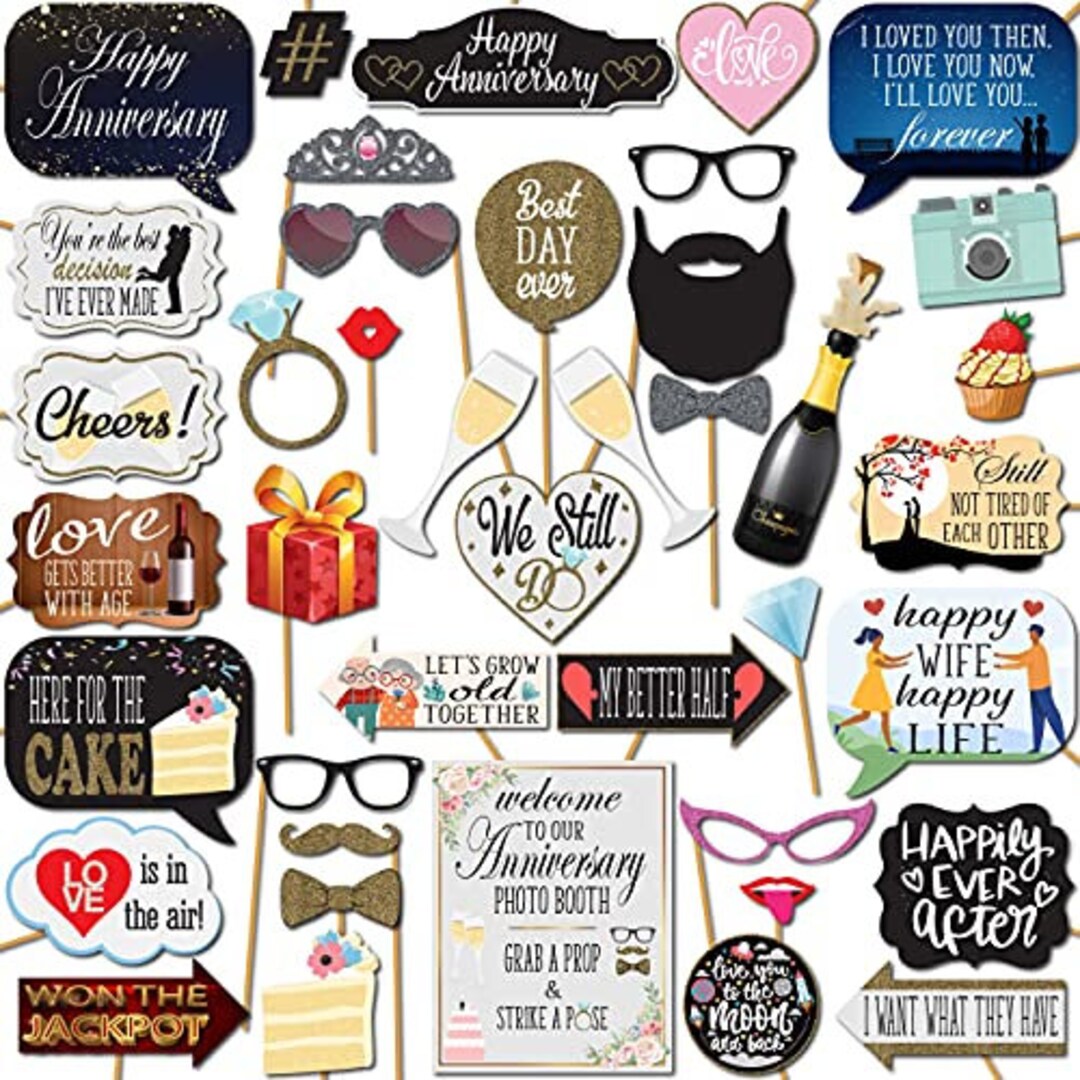 Wedding Anniversary Photo Booth Props 41 Pieces With Wooden Sticks and