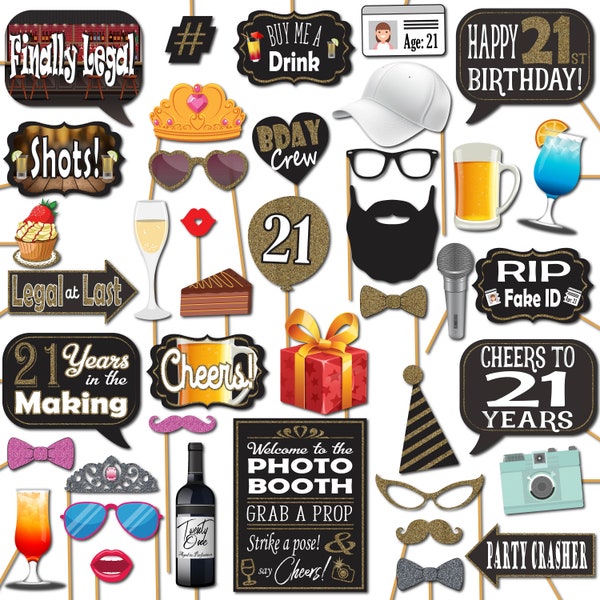 21st Birthday Party Photo Booth Props 41 Pieces with Wooden Sticks and Strike a Pose Sign