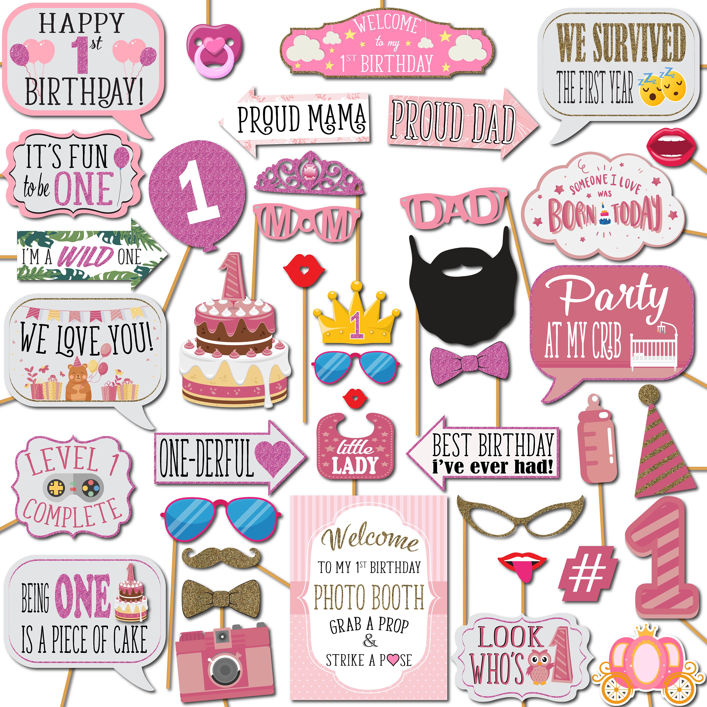 Girl 1st Birthday First Bday Photo Booth Props 41 Pieces with Wooden Sticks and Strike a Pose Sign by Outside The Booth
