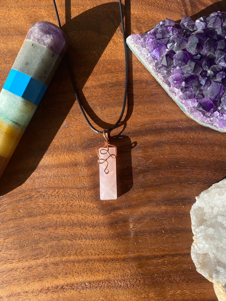 crystal healing birthstone Rose Quartz necklace wire wrapped pendant