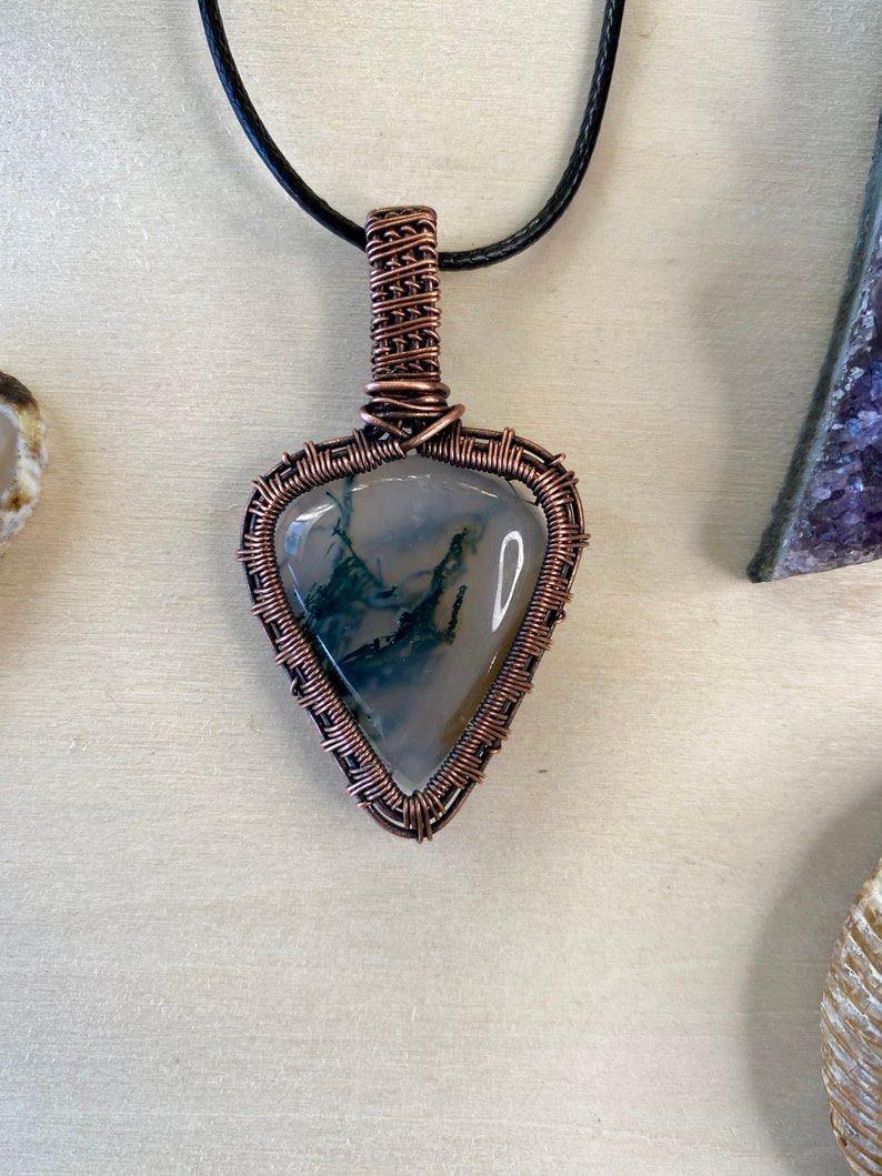 wire wrap Moss agate necklace crystal healing wire weave