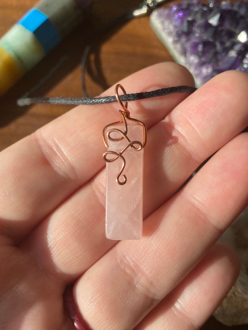 crystal healing birthstone Rose Quartz necklace wire wrapped pendant