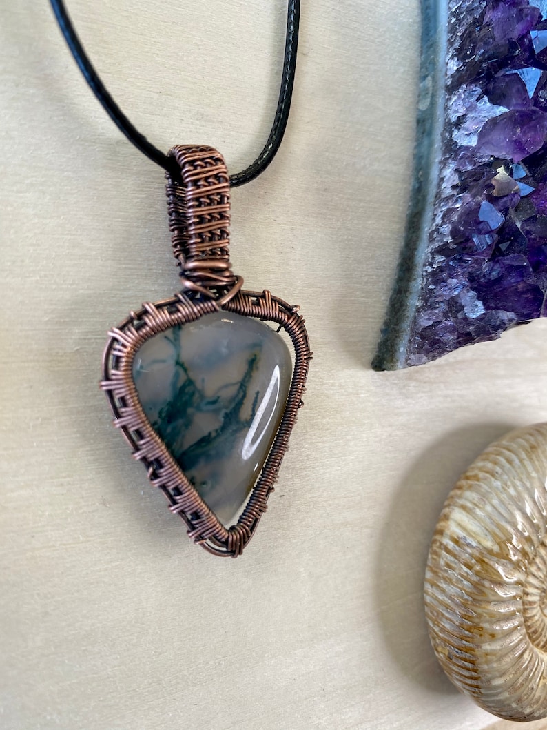 wire wrap Moss agate necklace crystal healing wire weave