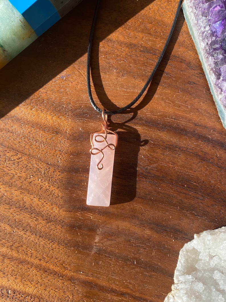 crystal healing birthstone Rose Quartz necklace wire wrapped pendant