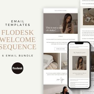 Op de afbeelding: Een collage van afbeeldingen die e-mailtemplates promoten voor een bedrijf genaamd Flodesk. De afbeeldingen tonen een vrouw die een telefoon, een laptop en een boek gebruikt. De tekst op de afbeeldingen zegt "Dit is geen verkoop - het is beter!" en "Mijn naam is Lynn!" en "Onze boeking is open en krijg 15% korting!"