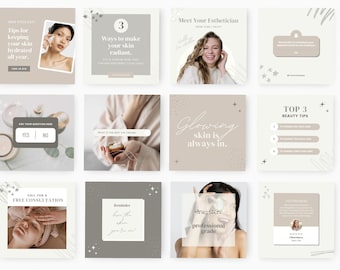May include: A collage of 12 Instagram posts promoting skincare and beauty services. The posts feature images of a woman applying skincare products, a woman smiling, and a woman receiving a facial massage. The posts also include text about skincare tips, beauty products, and services offered by an esthetician.