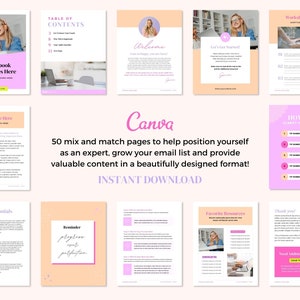 Op de afbeelding: Een verzameling van 10 roze en witte afdrukbare pagina's voor een e-book of e-mailcursus. De pagina's omvatten een inhoudsopgave, een welkomstpagina, een pagina met de titel "Let's Get Started!" een werkblad, een "How to"-pagina, een pagina met getuigenissen, een herinneringspagina, een pagina met favoriete bronnen, een bedankpagina en een pagina met een call-to-action om "de cursus te pakken".