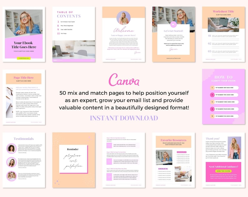Op de afbeelding: Een verzameling van 10 roze en witte afdrukbare pagina's voor een e-book of e-mailcursus. De pagina's omvatten een inhoudsopgave, een welkomstpagina, een pagina met de titel "Let's Get Started!" een werkblad, een "How to"-pagina, een pagina met getuigenissen, een herinneringspagina, een pagina met favoriete bronnen, een bedankpagina en een pagina met een call-to-action om "de cursus te pakken".