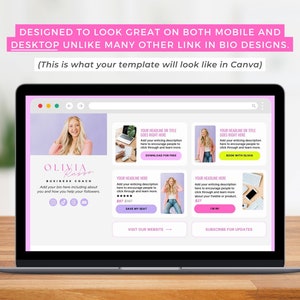 Puede incluir: Una maqueta de sitio web rosa y morado en la pantalla de una computadora port&aacute;til. El sitio web presenta una foto de una mujer, el texto "Olivia Rasso, Business Coach", y varios botones con texto como "Descargar gratis", "Reservar con Olivia", "Reservar mi asiento", y "Estoy dentro".