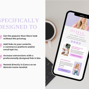 Puede incluir: La pantalla de un tel&eacute;fono inteligente que muestra una plantilla de sitio web rosa y p&uacute;rpura con el texto "OLIVIA Russo BUSINESS COACH" y "DESCARGAR GRATIS". La plantilla del sitio web est&aacute; dise&ntilde;ada para ayudar a los usuarios a crear una presencia en l&iacute;nea profesional.