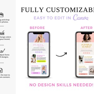 Puede incluir: Una imagen de antes y despu&eacute;s que muestra c&oacute;mo personalizar una plantilla de correo electr&oacute;nico usando Canva. La imagen de antes muestra una plantilla de correo electr&oacute;nico rosa y blanca con el texto "Olivia" y la imagen de despu&eacute;s muestra una plantilla de correo electr&oacute;nico rosa y blanca con el texto "Sophina Robins". El texto "TOTALMENTE PERSONALIZABLE" y "F&Aacute;CIL DE EDITAR EN Canva" se muestra en la parte superior de la imagen. El texto "&iexcl;NO SE NECESITAN HABILIDADES DE DISE&Ntilde;O!" se muestra en la parte inferior de la imagen.
