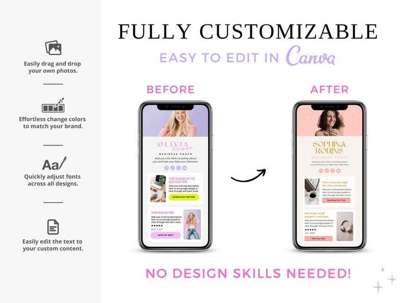 Puede incluir: Una imagen de antes y despu&eacute;s que muestra c&oacute;mo personalizar una plantilla de correo electr&oacute;nico usando Canva. La imagen de antes muestra una plantilla de correo electr&oacute;nico rosa y blanca con el texto "Olivia" y la imagen de despu&eacute;s muestra una plantilla de correo electr&oacute;nico rosa y blanca con el texto "Sophina Robins". El texto "TOTALMENTE PERSONALIZABLE" y "F&Aacute;CIL DE EDITAR EN Canva" se muestra en la parte superior de la imagen. El texto "&iexcl;NO SE NECESITAN HABILIDADES DE DISE&Ntilde;O!" se muestra en la parte inferior de la imagen.
