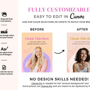 Op de afbeelding: Een roze en witte grafische sjabloon voor een e-bookcover. De sjabloon toont een lachende vrouw die een kop koffie vasthoudt. De tekst op de sjabloon luidt "Ebook Title Here I can help make your dream business a reality!"