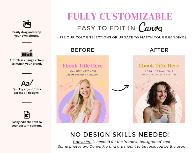 Op de afbeelding: Een roze en witte grafische sjabloon voor een e-bookcover. De sjabloon toont een lachende vrouw die een kop koffie vasthoudt. De tekst op de sjabloon luidt "Ebook Title Here I can help make your dream business a reality!"