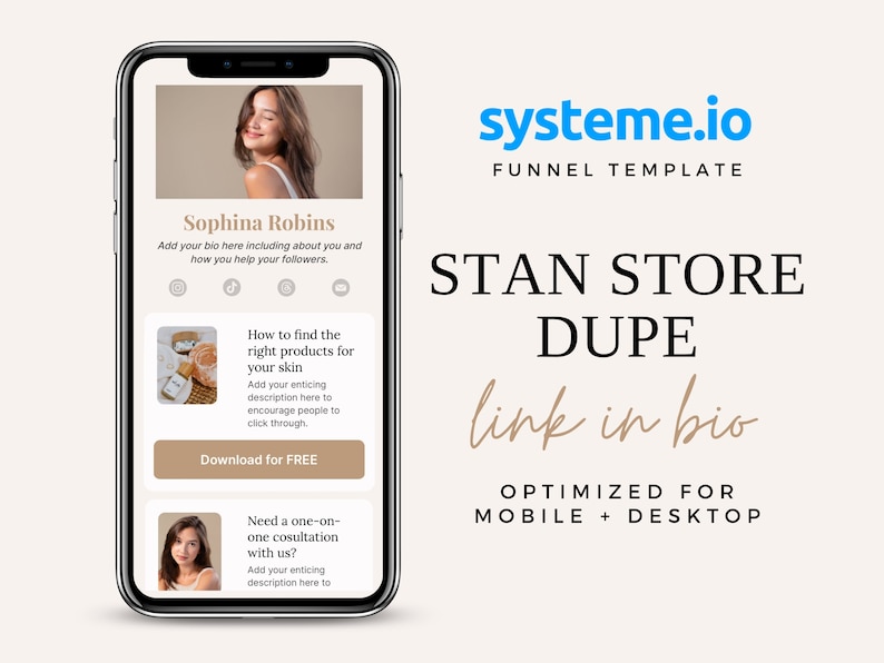 May include: A mobile phone screen displaying a social media post with a light brown background. The post features a woman's face with the text "Sophina Robins" and a call to action to "Download for FREE". The post also includes two smaller images with text about skincare products and a consultation.