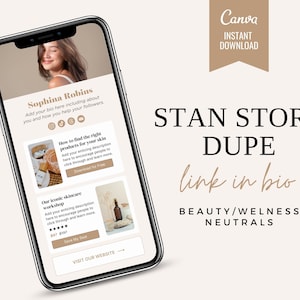 Könnte beinhalten: Der Bildschirm eines Mobiltelefons zeigt einen Social-Media-Beitrag für eine Beauty- und Wellness-Marke. Der Beitrag zeigt ein Porträt einer Frau, einen Aufruf zum Handeln, um die Website zu besuchen, und zwei Produktbeschreibungen für Hautpflegeprodukte. Der Text auf dem Bildschirm lautet: "Sophina Robins", "Wie man die richtigen Produkte für die Haut findet", "Unser legendäres Hautpflege-Workshop", "STAN STORE DUPE", "Link in Bio", "BEAUTY/WELNESS NEUTRALS", und "VISIT OUR WEBSITE".