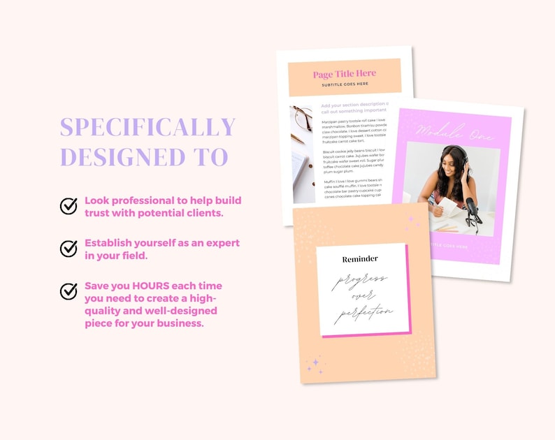 Op de afbeelding: Drie roze en oranje digitale marketing sjablonen met tekst die luidt "Specifiek ontworpen voor", "Zorg voor een professionele uitstraling om vertrouwen op te bouwen bij potenti&euml;le klanten. Positioneer uzelf als een expert in uw vakgebied. Bespaar uzelf UREN elke keer dat u een hoogwaardige en goed ontworpen creatie moet maken voor uw bedrijf.", "Paginatitel hier Ondertitel gaat hier", "Herinnering vooruitgang boven perfectie", en "Module &eacute;&eacute;n".