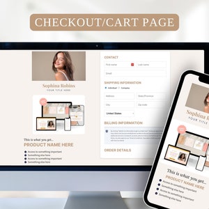 May include: A computer screen and a mobile phone display a website checkout page with a product description and a contact form. The product is called "Sophina Robins" and includes access to something important, something else here, and something else here. The website is designed in a minimalist style with a light background and a pink accent color.