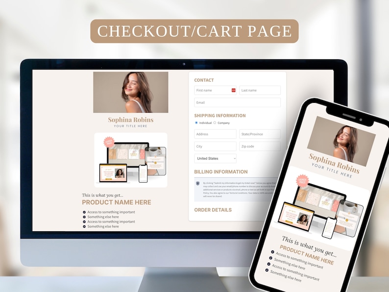 May include: A computer screen and a mobile phone display a website checkout page with a product description and a contact form. The product is called "Sophina Robins" and includes access to something important, something else here, and something else here. The website is designed in a minimalist style with a light background and a pink accent color.