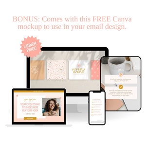 May include: A mockup of a computer screen, tablet, and phone displaying a website design with the text "Your Eyecatching Title Goes Here AKA Your Hook" and a photo of a woman. The website design also includes a button that says "Get Started". The mockup is set against a background of a desk with a coffee cup and a notebook.