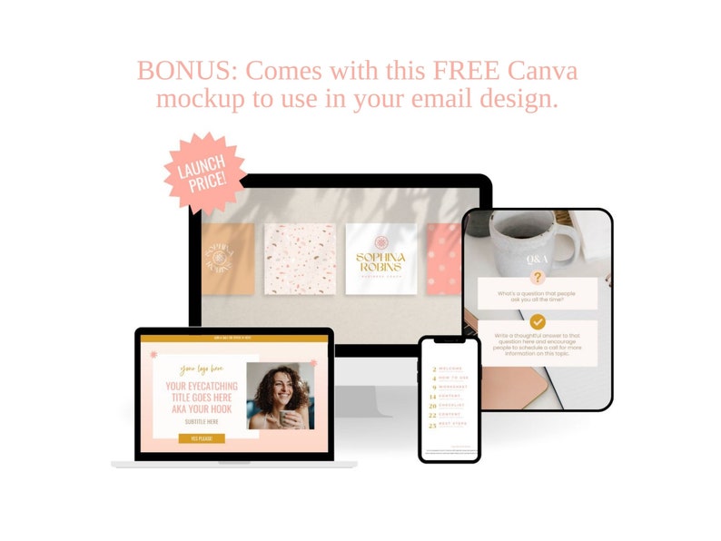 May include: A mockup of a computer screen, tablet, and phone displaying a website design with the text "Your Eyecatching Title Goes Here AKA Your Hook" and a photo of a woman. The website design also includes a button that says "Get Started". The mockup is set against a background of a desk with a coffee cup and a notebook.