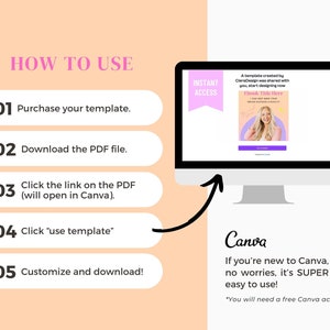 Op de afbeelding: Een roze en witte grafiek met de tekst "HOW TO USE" in roze. Vijf genummerde stappen worden vermeld in witte vakken met roze randen. De stappen beschrijven hoe je een Canva-sjabloon gebruikt. Een computerscherm toont een Canva-sjabloon met de tekst "INSTANT ACCESS" in een roze banner. De tekst "Canva" is in zwart met een roze rand geschreven. De tekst "Als je nieuw bent bij Canva, geen zorgen, het is SUPER gemakkelijk te gebruiken! *Je hebt een gratis Canva-account nodig." is in zwart geschreven.