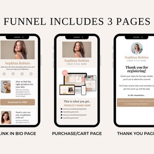 May include: A mockup of a three-page funnel for a skincare business. The first page is a link in bio page with a photo of a woman and text that says "How to find the right products for your skin". The second page is a purchase/cart page with a photo of a woman and text that says "This is what you get..." The third page is a thank you page with a photo of a woman and text that says "Thank you for registering!"