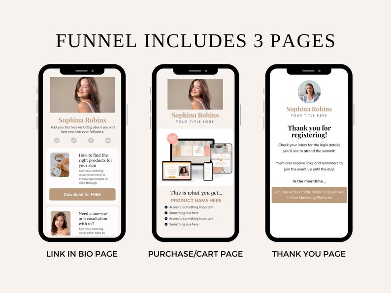 May include: A mockup of a three-page funnel for a skincare business. The first page is a link in bio page with a photo of a woman and text that says "How to find the right products for your skin". The second page is a purchase/cart page with a photo of a woman and text that says "This is what you get..." The third page is a thank you page with a photo of a woman and text that says "Thank you for registering!"