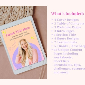 Op de afbeelding: Een digitale tablet die een roze en paarse ebook-omslag toont met de tekst "Ebook Title Here I CAN HELP MAKE YOUR DREAM BUSINESS A REALITY!" en een foto van een vrouw. De tekst "What's Included" wordt weergegeven met een reeks opsommingstekens die de inhoud van het ebook beschrijven.