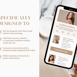 May include: A mobile phone screen showing a social media profile for Sophina Robins. The profile includes a photo of Sophina, a bio, and links to her website and social media accounts. The profile also includes two calls to action: "How to find the right products for your skin" and "Need a one-on-one consultation with us?"