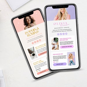Puede incluir: Dos pantallas de tel&eacute;fonos inteligentes que muestran maquetas de p&aacute;ginas de aterrizaje de entrenadores de negocios. La pantalla superior presenta a una mujer con cabello rubio y el texto "Olivia Russo Business Coach". La pantalla inferior presenta a una mujer con cabello casta&ntilde;o y el texto "Sophina Robins Business Coach". Ambas pantallas presentan acentos rosados y dorados.