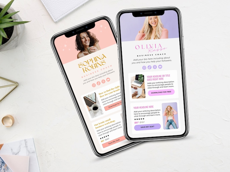 Puede incluir: Dos pantallas de tel&eacute;fonos inteligentes que muestran maquetas de p&aacute;ginas de aterrizaje de entrenadores de negocios. La pantalla superior presenta a una mujer con cabello rubio y el texto "Olivia Russo Business Coach". La pantalla inferior presenta a una mujer con cabello casta&ntilde;o y el texto "Sophina Robins Business Coach". Ambas pantallas presentan acentos rosados y dorados.