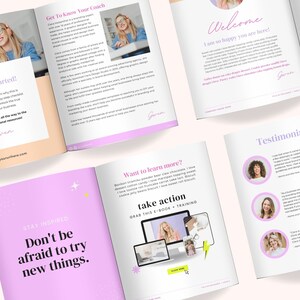 Op de afbeelding: Een roze en wit boekje met de tekst "Let's Get Started!" en "Stay Inspired" op de omslag. Het boekje is opengeklapt om pagina's te laten zien met tekst over een branding expert en een stapsgewijze checklist. Het boekje bevat ook een sectie met de titel "Testimonials" met citaten van tevreden klanten.