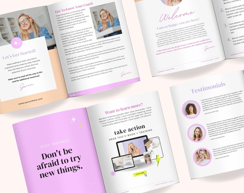 Op de afbeelding: Een roze en wit boekje met de tekst "Let's Get Started!" en "Stay Inspired" op de omslag. Het boekje is opengeklapt om pagina's te laten zien met tekst over een branding expert en een stapsgewijze checklist. Het boekje bevat ook een sectie met de titel "Testimonials" met citaten van tevreden klanten.