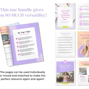 Op de afbeelding: Een set printbare digitale bronnen voor ondernemers, waaronder een lead-magnet-werkboek, een cheat sheet, een e-book en een lijst met favoriete bronnen. De pagina's zijn ontworpen in een paars en roze kleurenschema met een moderne, minimalistische esthetiek.