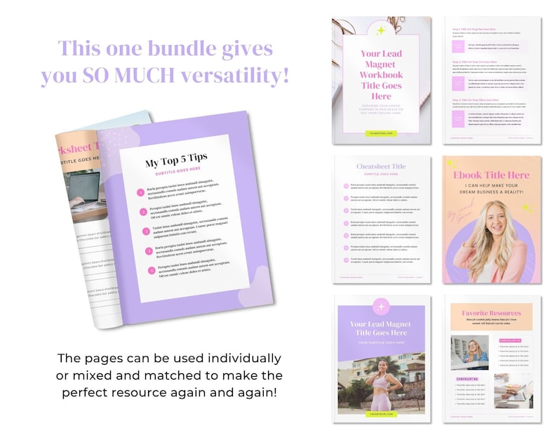 Op de afbeelding: Een set printbare digitale bronnen voor ondernemers, waaronder een lead-magnet-werkboek, een cheat sheet, een e-book en een lijst met favoriete bronnen. De pagina's zijn ontworpen in een paars en roze kleurenschema met een moderne, minimalistische esthetiek.