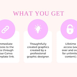 Puede incluir: Tres c&iacute;rculos rosados con iconos blancos en su interior. El primer c&iacute;rculo tiene un icono de eslab&oacute;n de cadena blanco y el texto "Acceso inmediato a los archivos a trav&eacute;s de tu enlace de plantilla de Canva." El segundo c&iacute;rculo tiene un icono de bombilla blanco y el texto "Gr&aacute;ficos creados cuidadosamente por un dise&ntilde;ador gr&aacute;fico profesional." El tercer c&iacute;rculo tiene un icono de candado blanco y el texto "Acceso de por vida (usa una y otra vez para contenido ilimitado)."