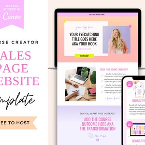 May include: A pink and white sales page website template for course creators. The template features a pink and white color scheme with a photo of a woman in the top right corner. The text on the page includes the words "Your Eyecatching Title Goes Here", "Subtitle Here", "Yes Please", "Does This Sound Familiar?", "Do You Want This Instead?", "Add The Course Outcome Here Aka The Transformation", and "Tell Me More".