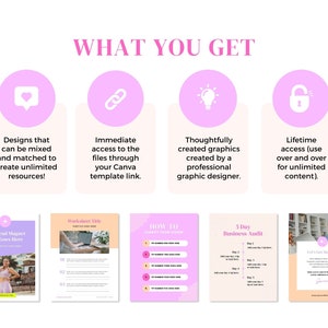 Op de afbeelding: Een grafiek met roze cirkels die pictogrammen bevatten die de voordelen van het kopen van een digitaal product voorstellen. De pictogrammen omvatten een hart, een link, een gloeilamp en een slot. De tekst onder elk pictogram beschrijft het voordeel: Ontwerpen die kunnen worden gemengd en gecombineerd om onbeperkte bronnen te cre&euml;ren!, Directe toegang tot de bestanden via uw Canva-sjabloonlink., Zorgvuldig ontworpen afbeeldingen die zijn gemaakt door een professionele grafisch ontwerper., Levenslange toegang (gebruik ze steeds opnieuw voor onbeperkte inhoud).