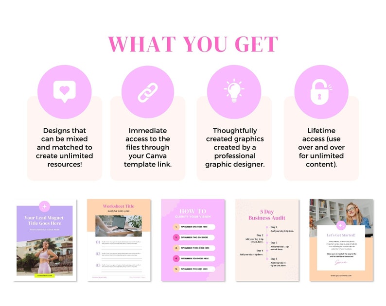 Op de afbeelding: Een grafiek met roze cirkels die pictogrammen bevatten die de voordelen van het kopen van een digitaal product voorstellen. De pictogrammen omvatten een hart, een link, een gloeilamp en een slot. De tekst onder elk pictogram beschrijft het voordeel: Ontwerpen die kunnen worden gemengd en gecombineerd om onbeperkte bronnen te cre&euml;ren!, Directe toegang tot de bestanden via uw Canva-sjabloonlink., Zorgvuldig ontworpen afbeeldingen die zijn gemaakt door een professionele grafisch ontwerper., Levenslange toegang (gebruik ze steeds opnieuw voor onbeperkte inhoud).
