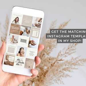 May include: A smartphone displaying a grid of 12 Instagram post templates in a neutral color palette. The templates feature images of a woman, skincare products, and text. The text on the phone screen reads "Get the matching Instagram templates in my shop!"