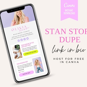 May include: A mobile phone screen displaying a pink and white graphic with the text "Olivia Russo Business Coach" and "Stan Store Dupe link in bio Host for Free in Canva". The graphic includes a photo of a woman and two buttons that say "Download for Free" and "Save My Seat".