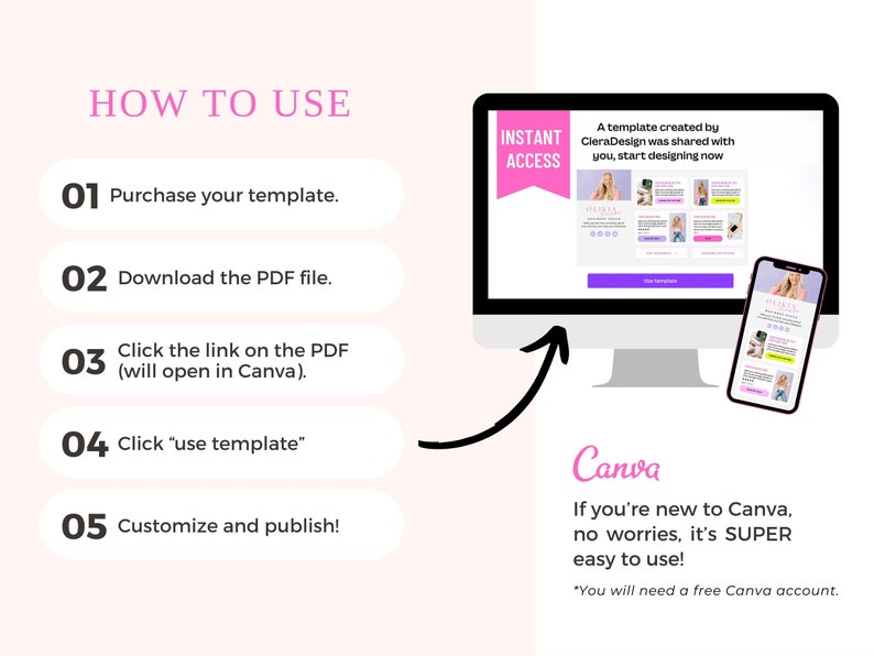 Puede incluir: Un gr&aacute;fico rosa y blanco con el texto "HOW TO USE" en negro. Cinco pasos numerados se enumeran en cuadros blancos con texto negro. Los pasos describen c&oacute;mo usar una plantilla de Canva. El texto "INSTANT ACCESS" est&aacute; en una pancarta rosa. Se muestra una pantalla de computadora y un tel&eacute;fono m&oacute;vil con una plantilla de Canva que se muestra en ambos dispositivos. El texto "Canva" est&aacute; en rosa con un contorno negro. El texto "Si eres nuevo en Canva, no te preocupes, es SUPER f&aacute;cil de usar!" est&aacute; en negro. El texto "*Necesitar&aacute;s una cuenta gratuita de Canva." est&aacute; en negro.