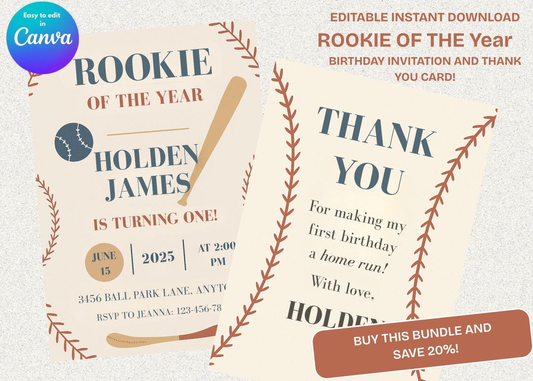 Rookie of the Year Birthday Invitation & Thank You Card (canva Template ...