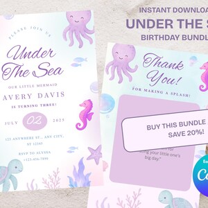 Under the Sea Birthday Invitation & Thank You Card Bundle | Girl Ocean Party Invite | Editable Canva Template | Digital Download