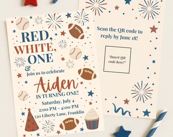Patriotic 1st Birthday Invitation: Red, White & One, Editable Canva Template (Digital Download)
