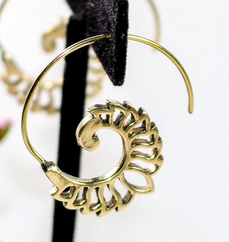 Small Brass Fanned Lotus Spiral Earrings