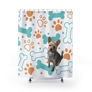Fun Pet Shower Curtain, Dog Lover Home Decor, Cute Animal Bathroom Accessory, Paws and Bones Design, Gift for Pet Owners