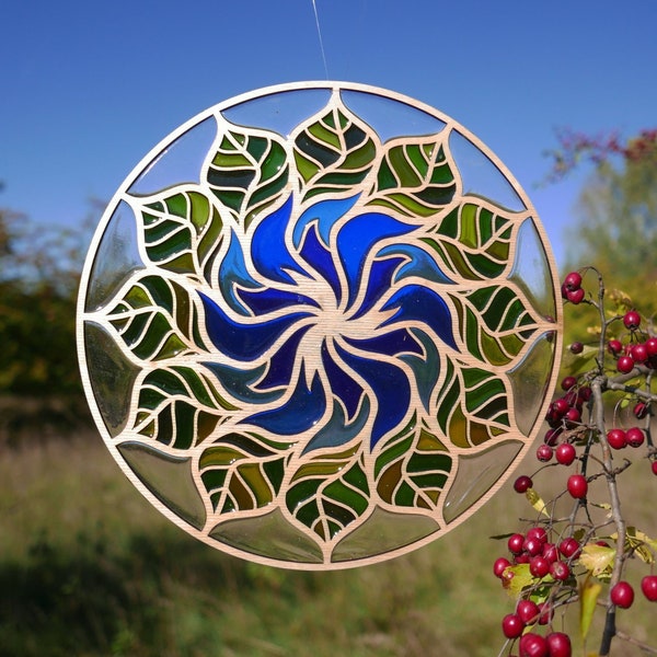 Stained Glass Mandala, Wood and Resin Colorful Rosette, transparent window hanging, filigree suncatchershadow wall ornament,  glowing light